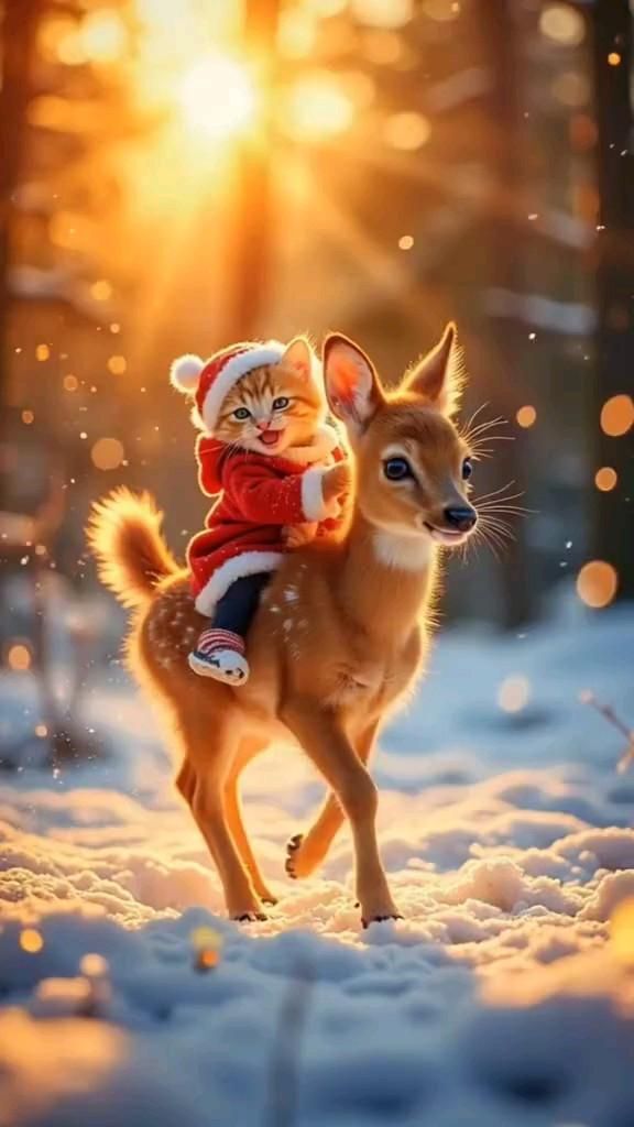 Открытка с Новым годом. Без текста. Котенок скачет на олененке.