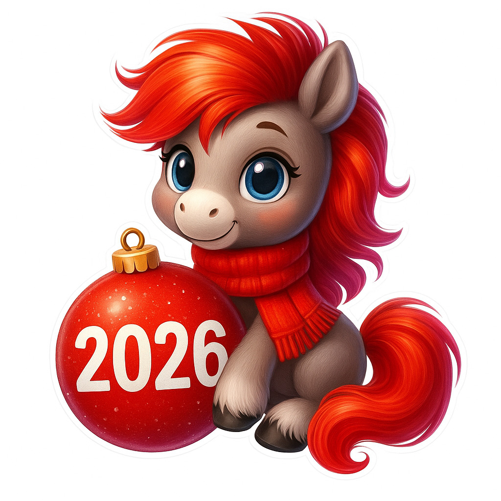 Открытка с Новым годом лошади 2026. Милая лошадка с елочной игрушкой 2026. Открытка с Новым годом лошади 2026. Милая лошадка с елочной игрушкой 2026.