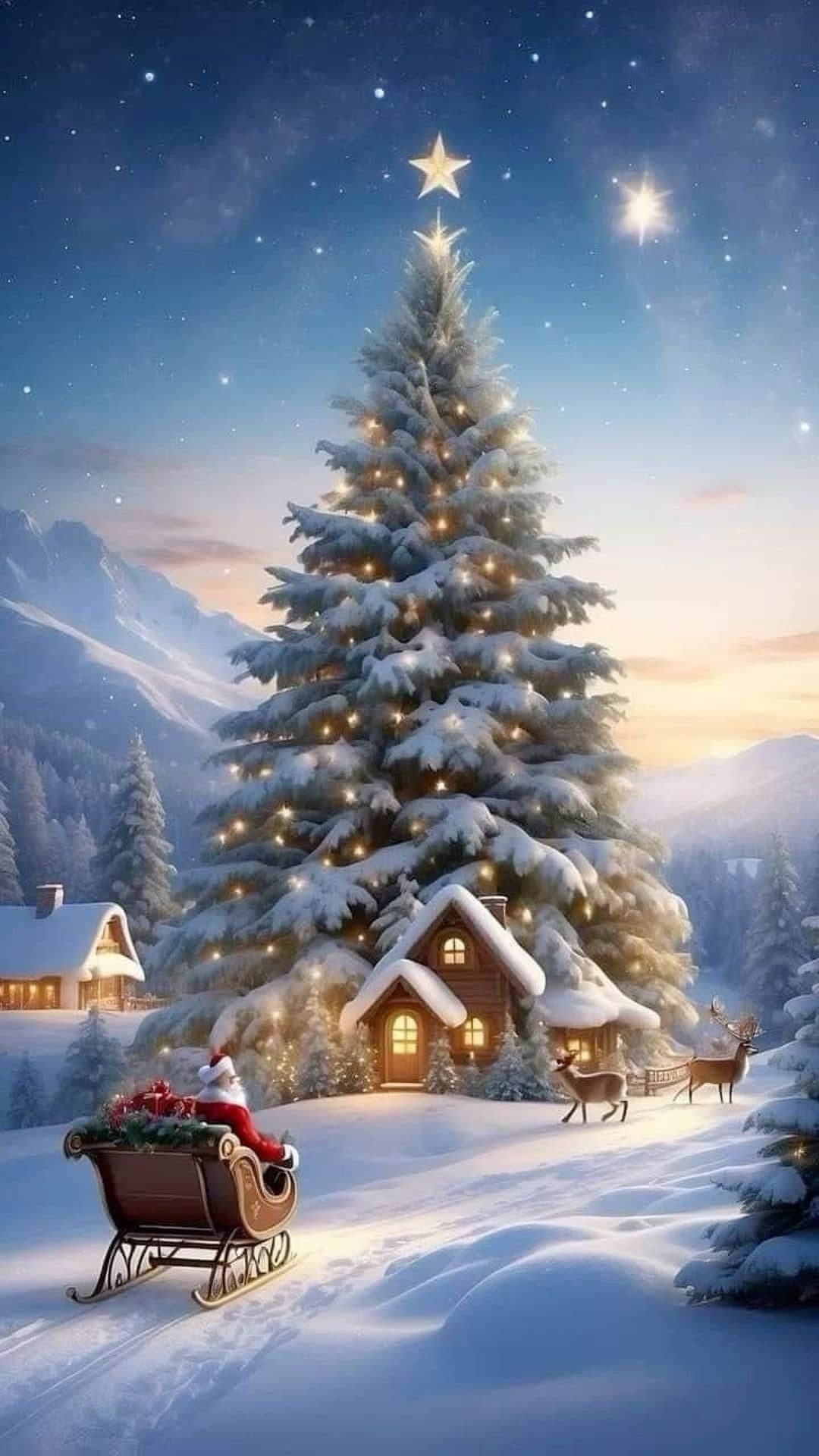 Открытка с Новым годом. Без текста. Для новогоднего настроения. Елочка и Дед Мороз в ожидании оленей.