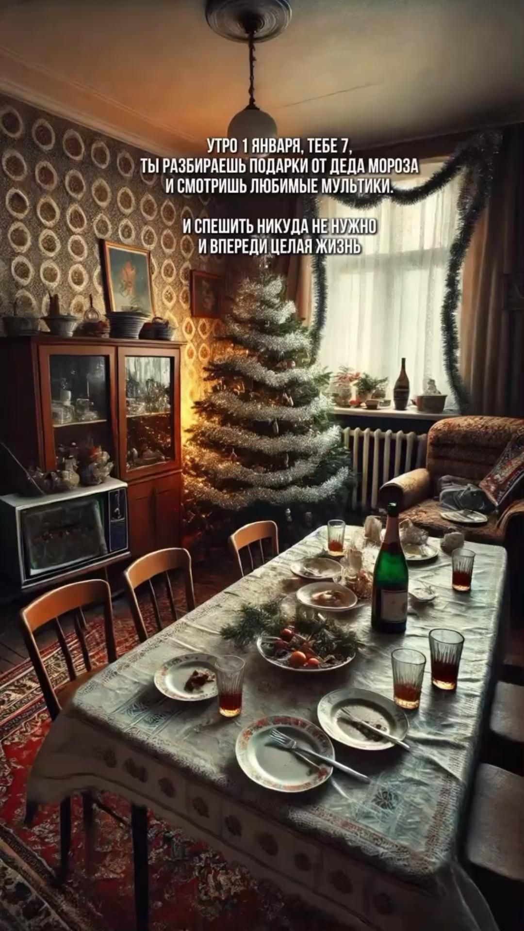 Открытка с Новым годом. Ностальгическая открытка. Накрытый новогодний стол. Открытка с Новым годом. Ностальгическая открытка. Накрытый новогодний стол.