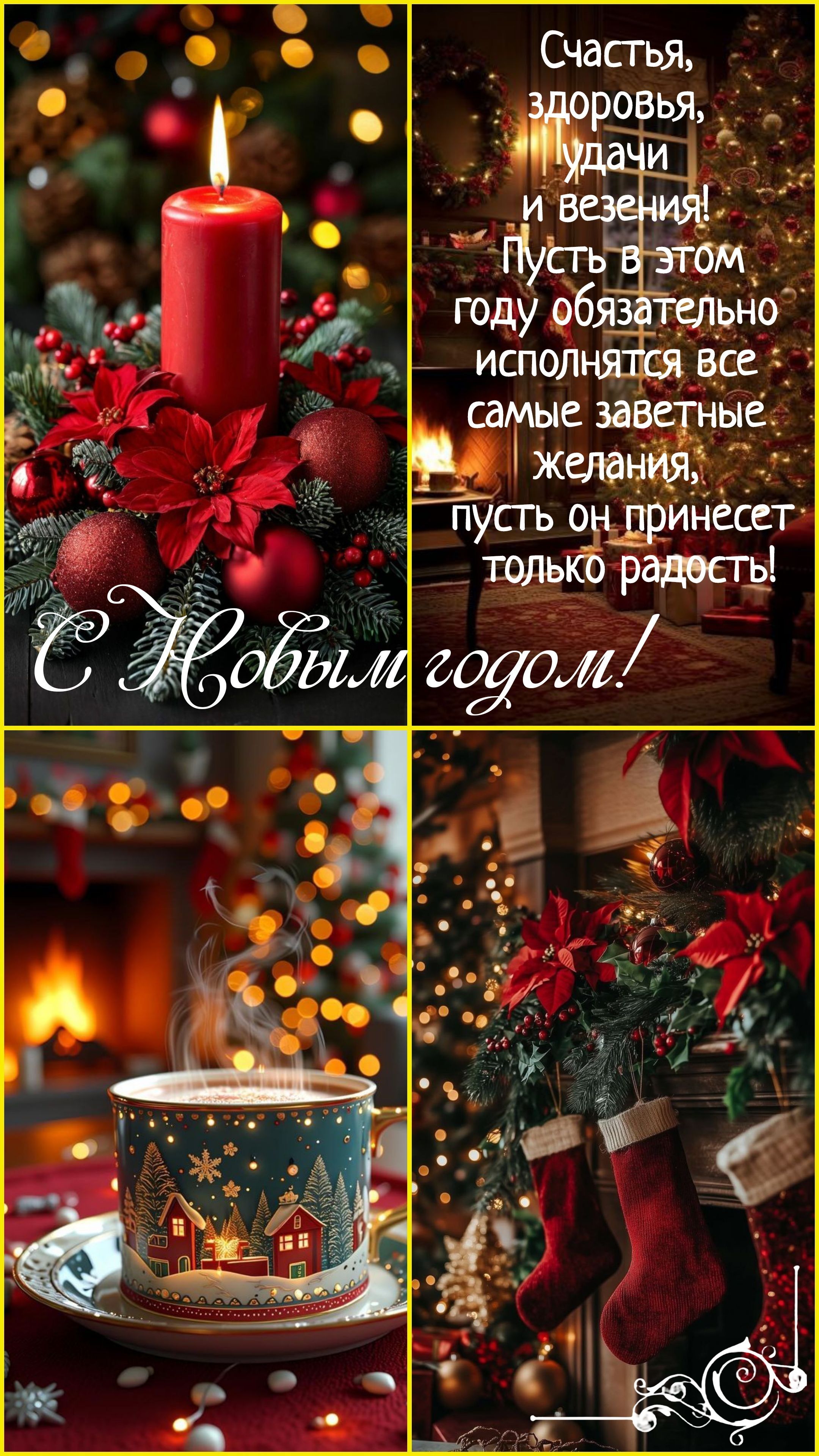 Открытка с Новым годом. Коллаж из 4 открыток. Пожелания. Открытка с Новым годом. Коллаж из 4 открыток. Пожелания.