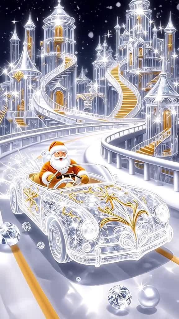 Открытка с Новым годом. Дед Мороз в автомобиле в сказочном новогоднем городе.