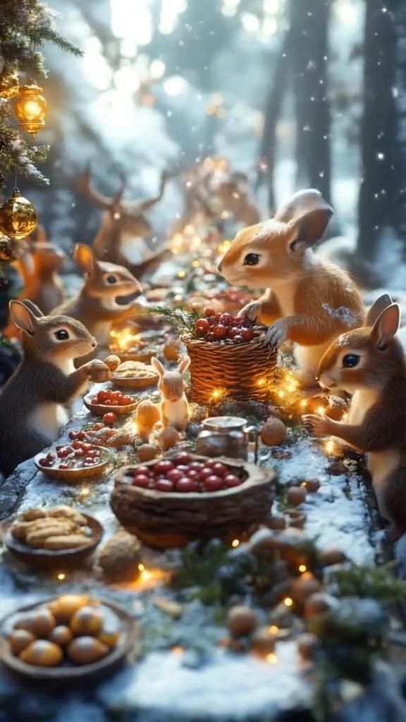 Открытка с Новым годом. Без текста. Для новогоднего настроения. Зверята в лесу за новогодним столом. Открытка с Новым годом. Без текста. Для новогоднего настроения. Зверята в лесу за новогодним столом.