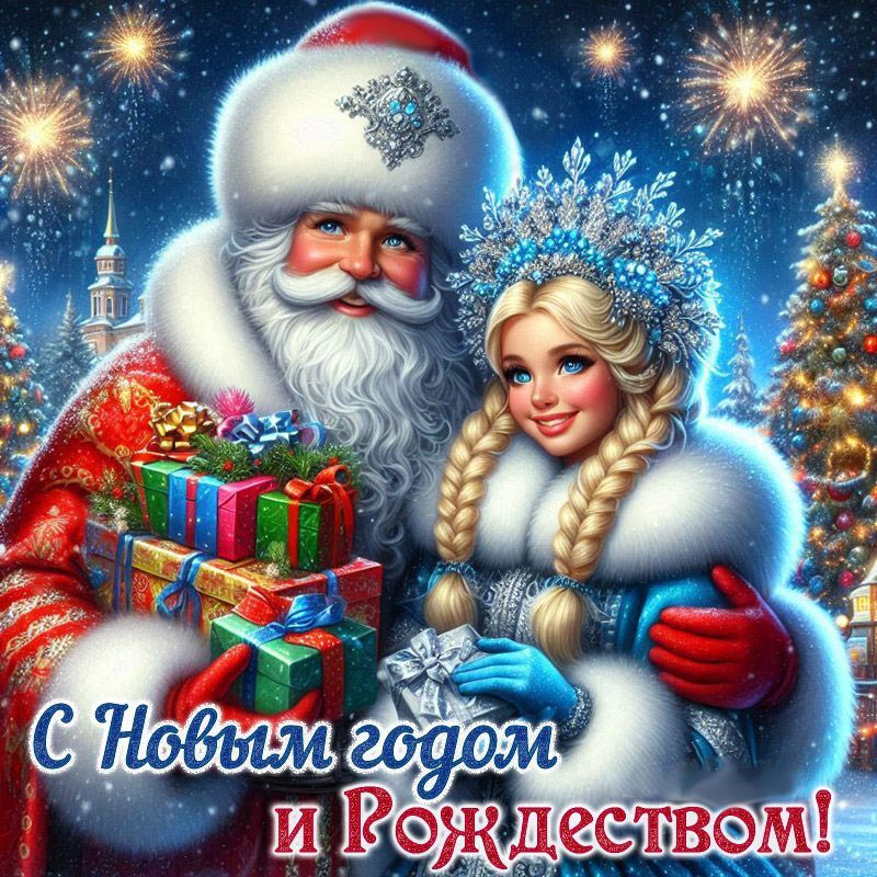 Открытка с Новым годом современная. Дед Мороз и Снегурочка с подарками. Открытка с Новым годом современная. Дед Мороз и Снегурочка с подарками.