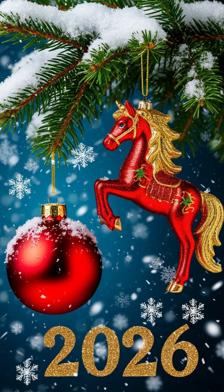 Открытка с Новым годом лошади 2026. Лошадь и шарик на елочной ветке.