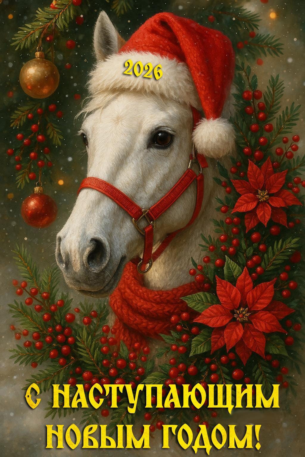 Открытка с наступающим Новым годом лошади 2026. Лошадь в новогодней шапочке.