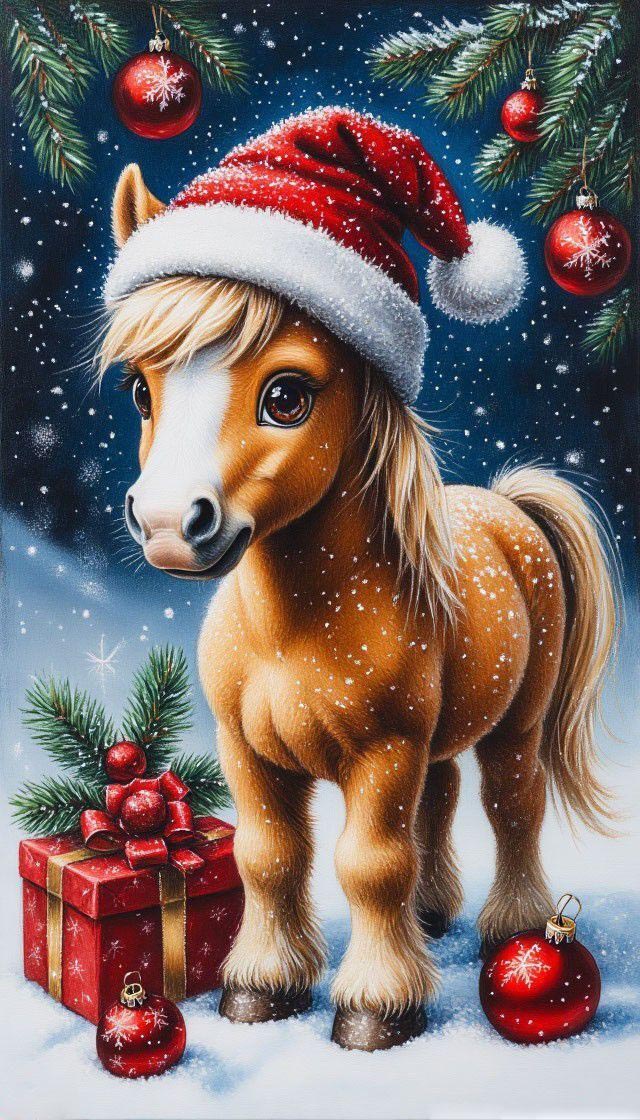 Открытка с Новым годом лошади 2026. Милая лошадка в новогодней шапочке, подарки.