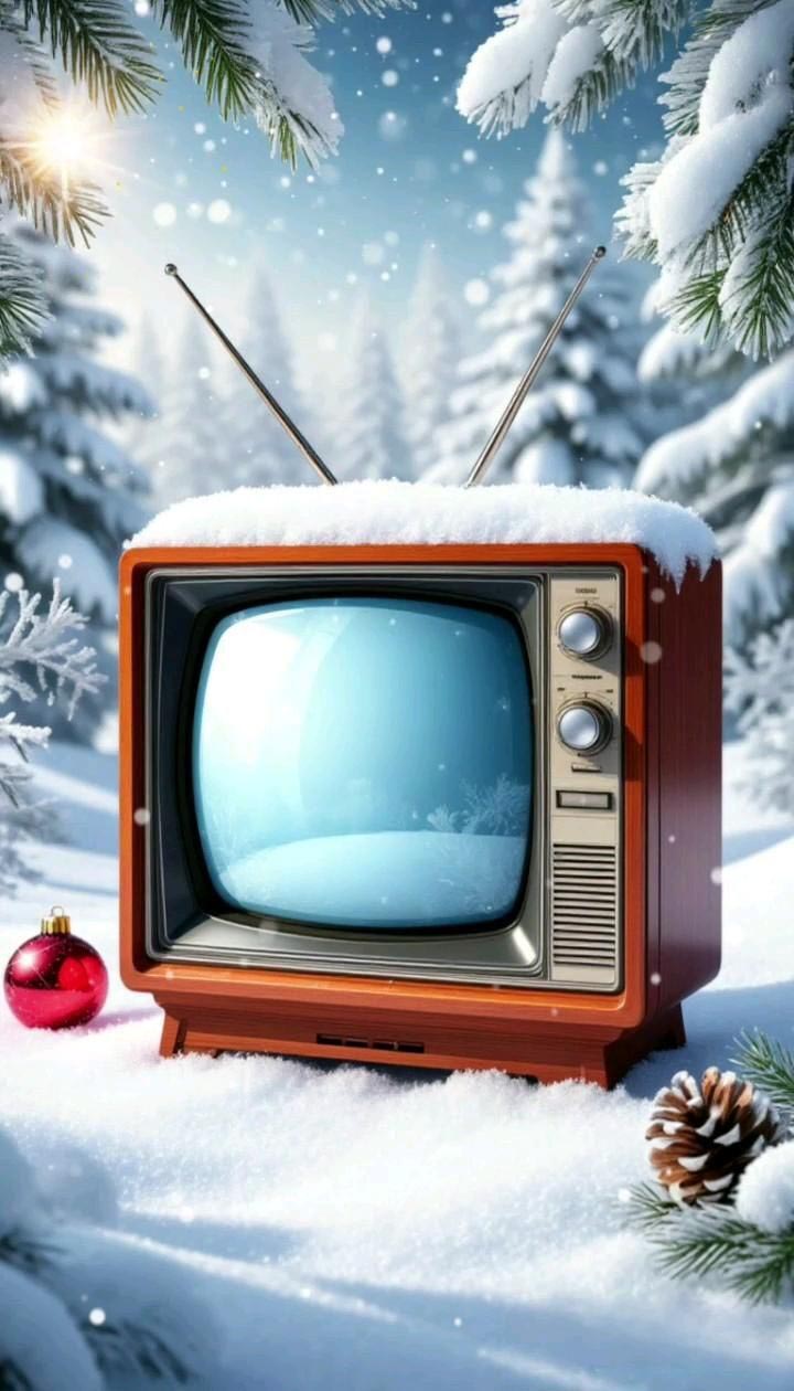 Открытка с Новым годом. Без текста. Для новогоднего настроения. Телевизор в снежном лесу.