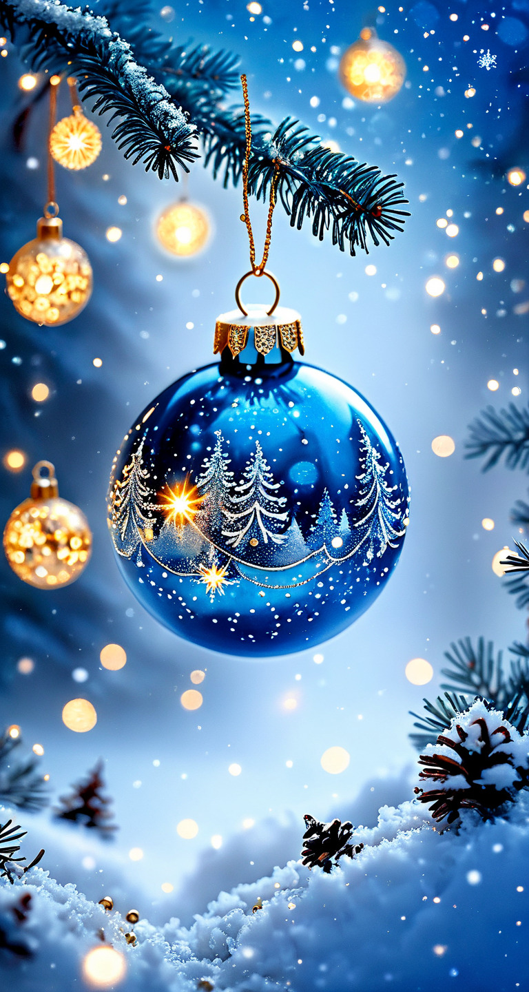 Открытка с Новым годом. Без текста. Для новогоднего настроения. Шарик на елочке в зимнем лесу.