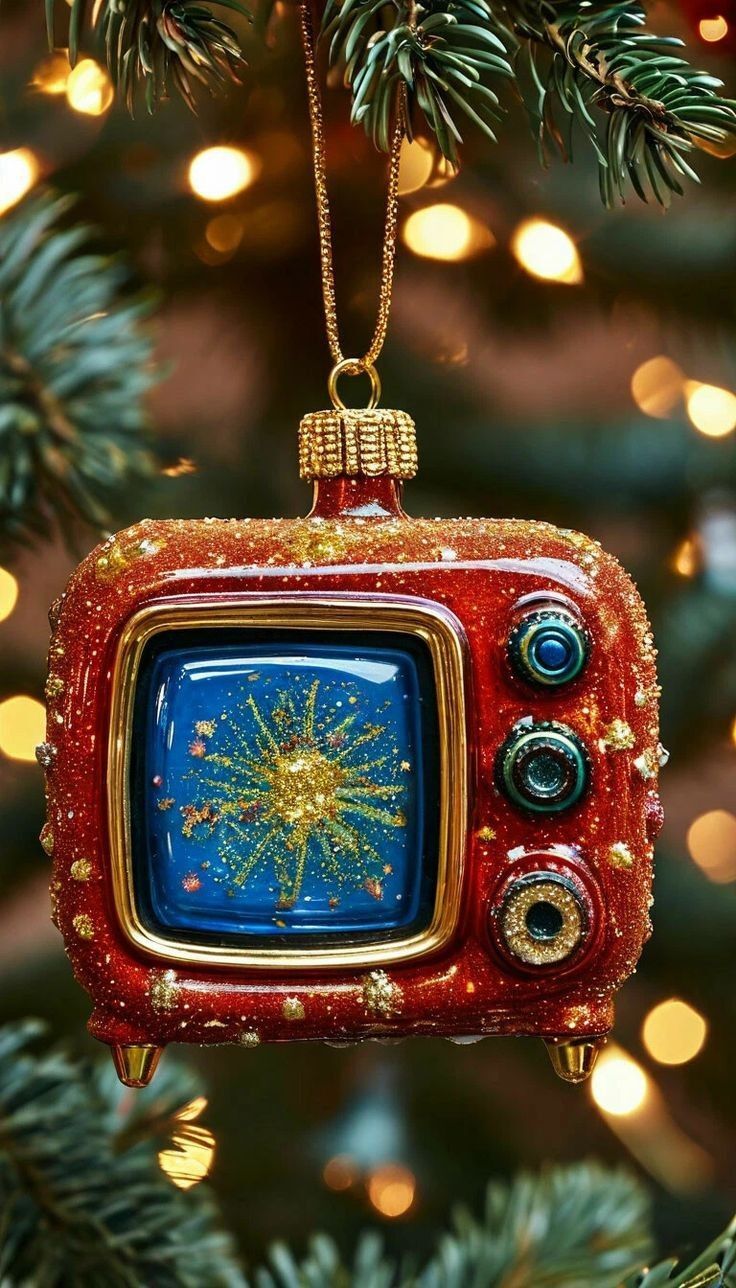 Открытка с Новым годом. Без текста. Для новогоднего настроения. Игрушка - телевизор на елочке.