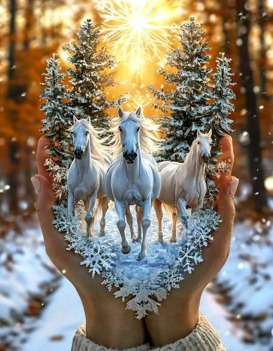 Открытка с Новым годом. Без текста. Для новогоднего настроения. Лошади в руках и елочки. Открытка с Новым годом. Без текста. Для новогоднего настроения. Лошади в руках и елочки.