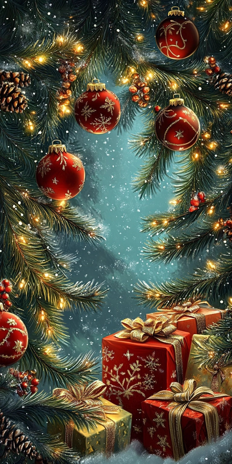 Открытка с Новым годом. Без текста. Для новогоднего настроения. Еловые ветви с игрушками и подарки.