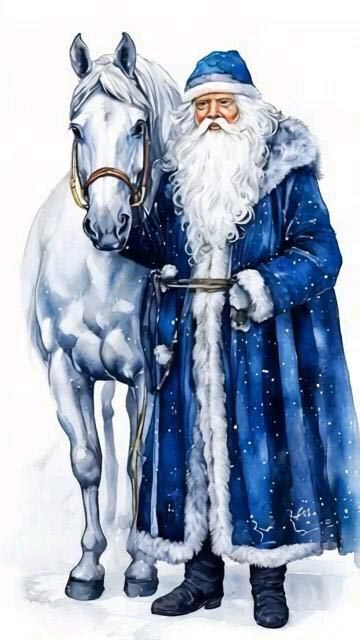Открытка с Новым годом. Дед Мороз с белой лошадью. Открытка с Новым годом. Дед Мороз с белой лошадью.