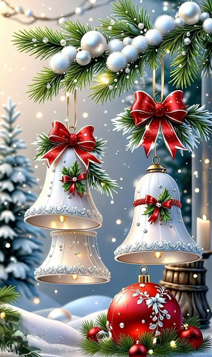 Открытка с Новым годом. Без текста. Колокольчики, еловые ветви со снегом, новогодние шарики.