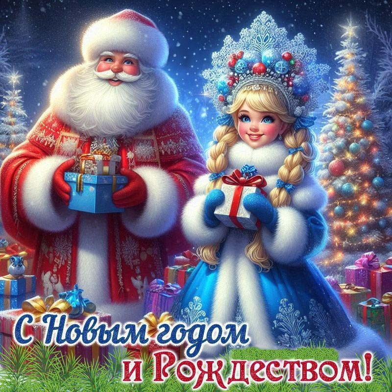 Открытка с Новым годом и Рождеством. Рисунок. Дед Мороз и Снегурочка с подарками.