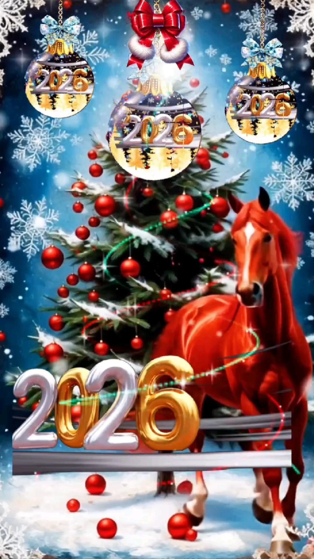 Открытка с Новым годом лошади 2026. Красная лошадь, елочка, цифры 2026.