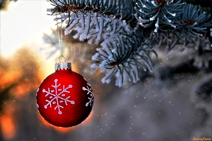 Открытка с Новым годом gif анимационная. Елочный шарик на ветке.