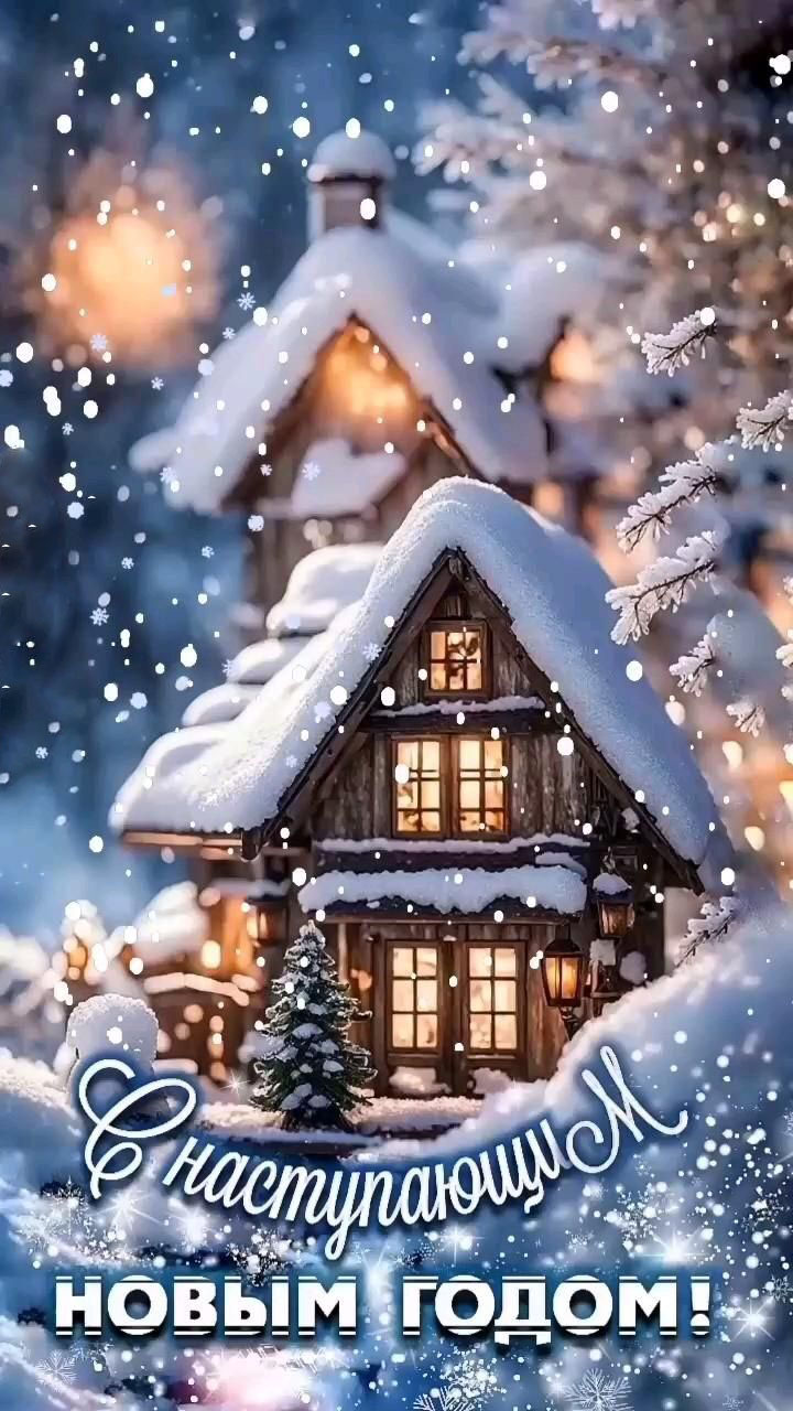 Открытка с наступающим Новым годом. Домик и заснеженный лес.