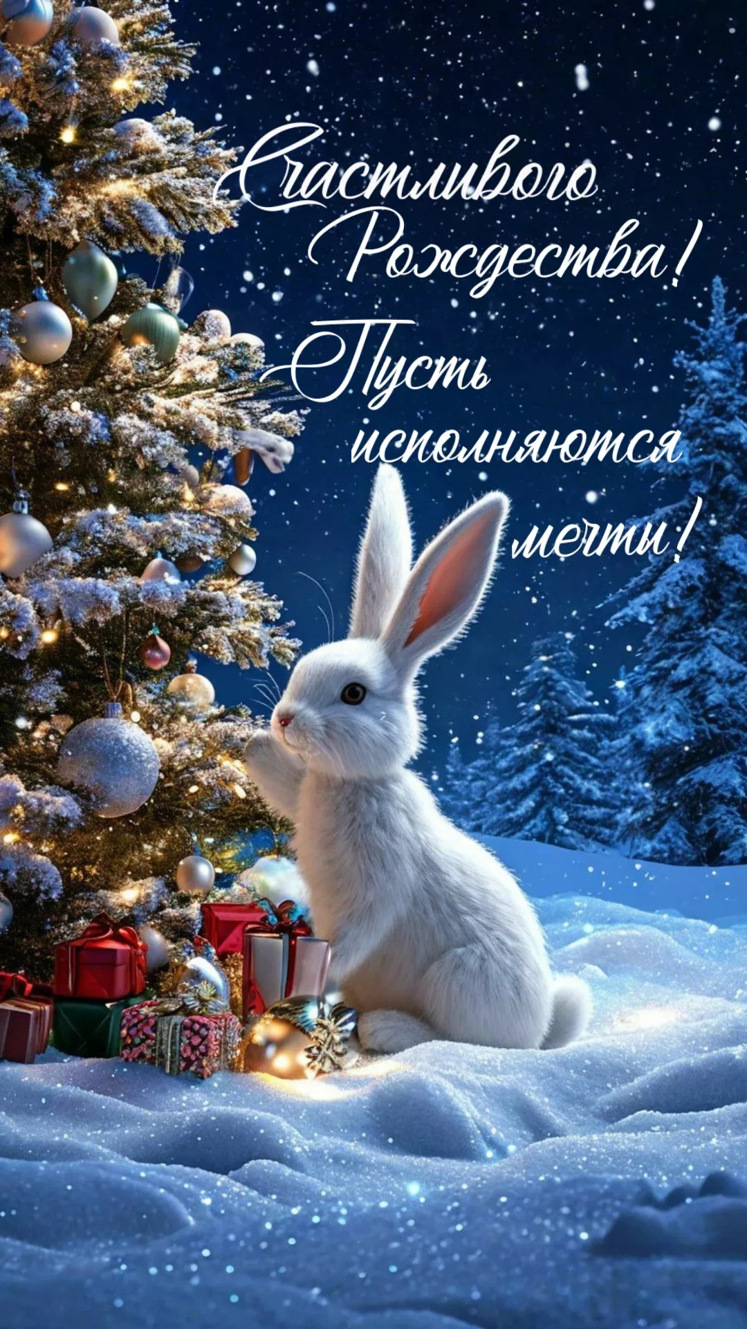 Открытка с Рождеством Христовым. Пожелания, зайчик у елочки.