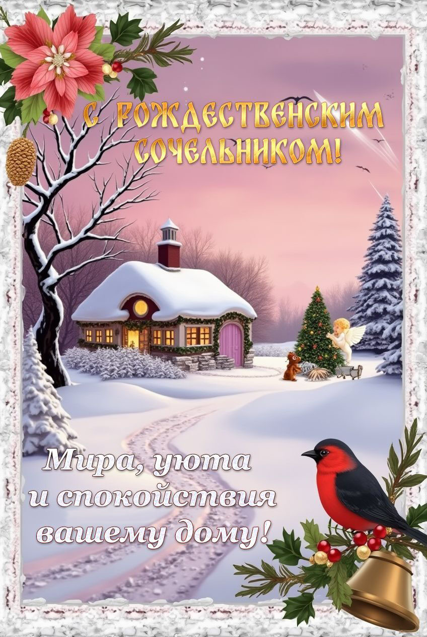 Открытка с Рождеством Христовым. С Рождественским Сочельником. Пожелания, зимний пейзаж.