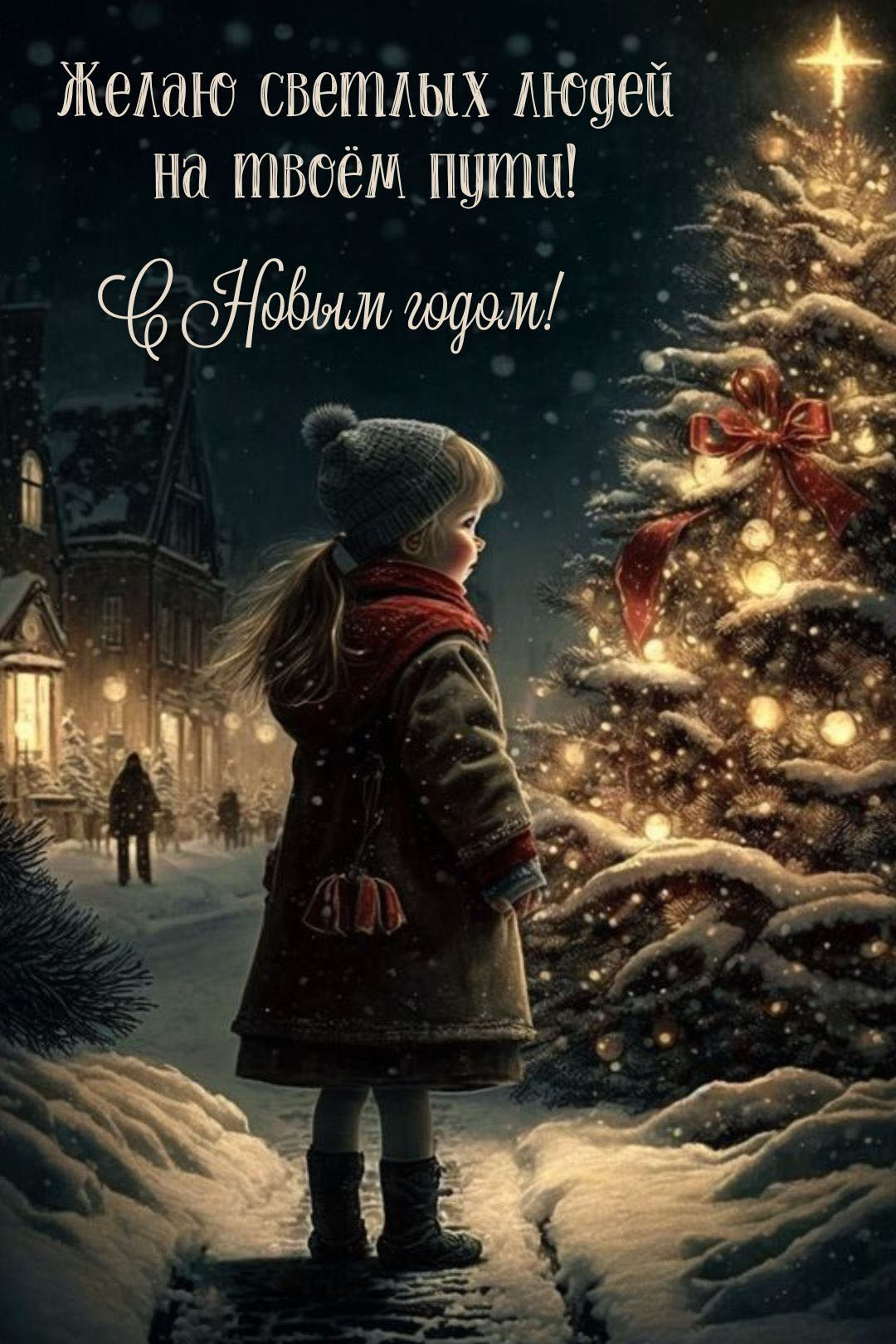 Открытка с Новым годом. Пожелания. Девочка у елочки.