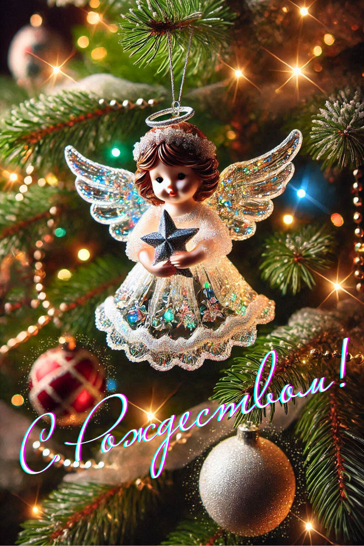 Открытка с Рождеством Христовым. Ангелочек в виде елочной игрушки на ветке.