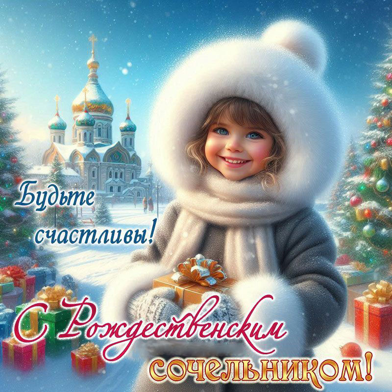 Открытка с Рождеством Христовым. С Рождественским Сочельником. Девочка, елочки, храм.