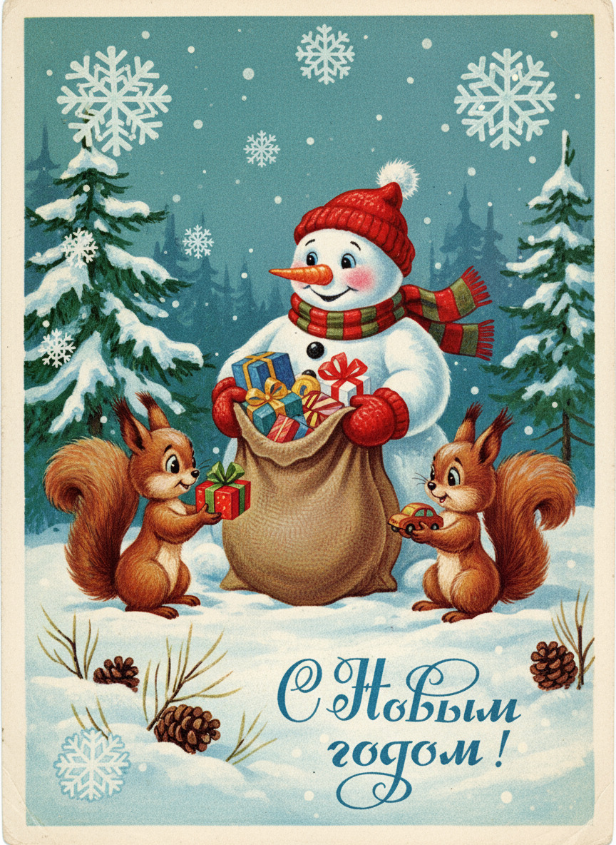 Открытка с Новым годом. Рисунок в ретро стиле. Снеговик с подарками и белочки.
