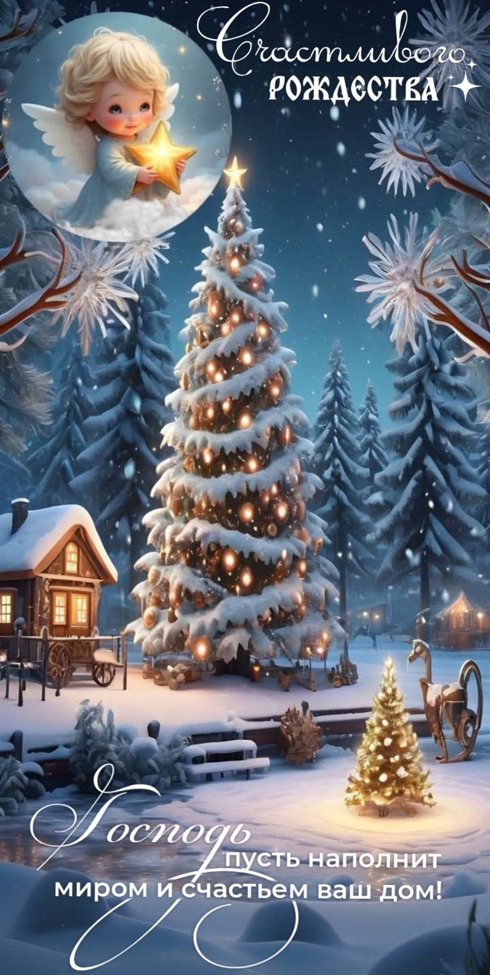 Открытка с Рождеством Христовым. Пожелания. Елочка. Ангел.