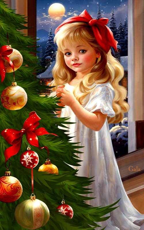 Открытка с Рождеством Христовым gif анимационная. С наступающим Рождеством. Девочка у елочки.