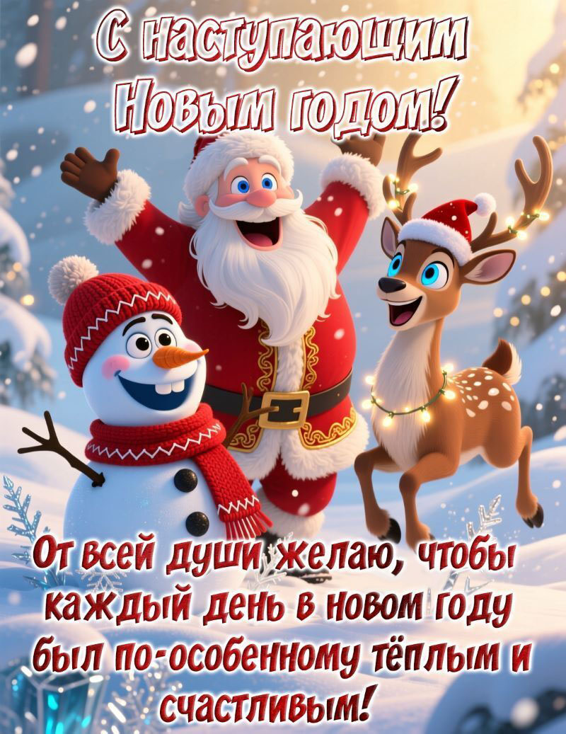 Открытка с наступающим Новым годом. Пожелания. Дед Мороз, снеговик и олень.