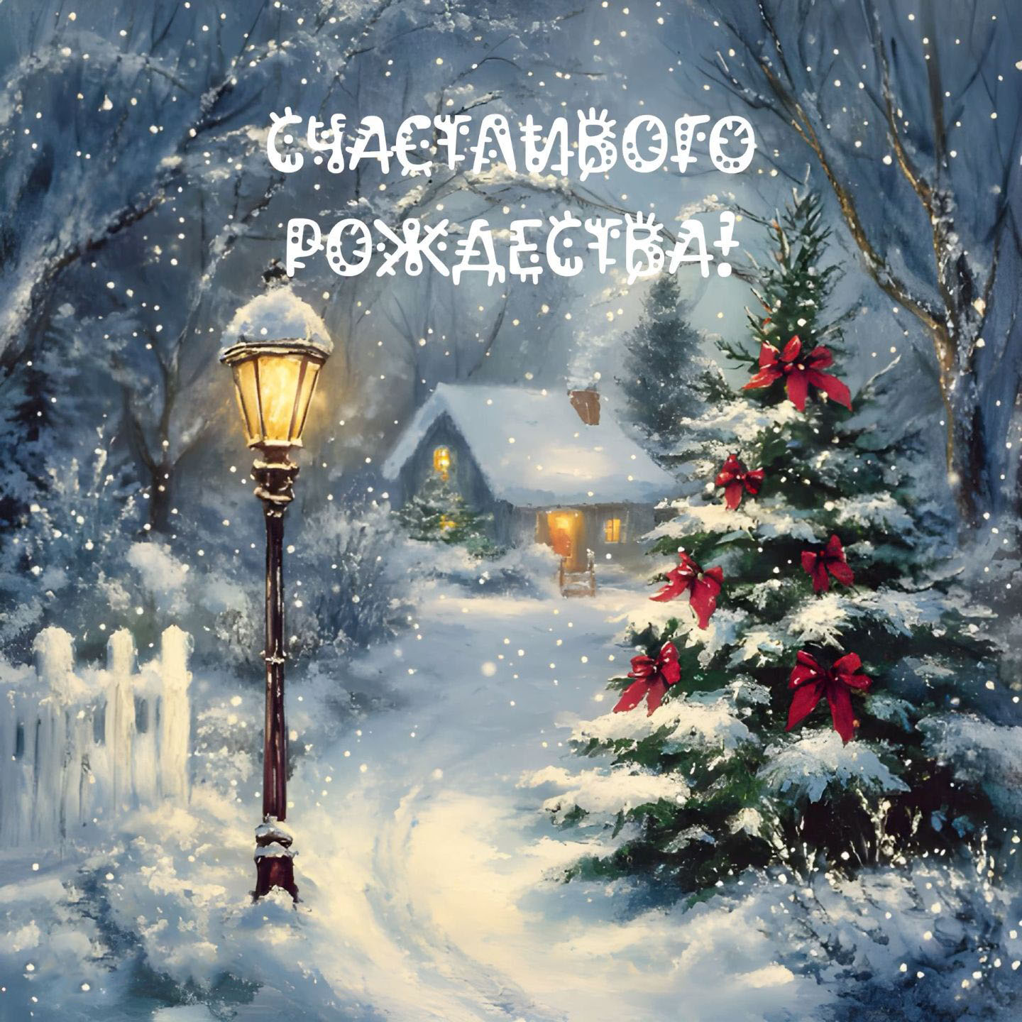 Открытка с Рождеством Христовым. Зимний пейзаж.