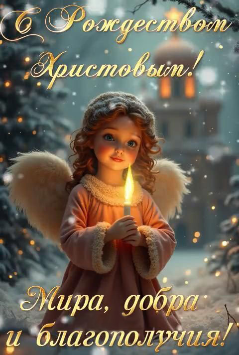 Открытка с Рождеством Христовым. Пожелания, девочка-ангел со свечой.