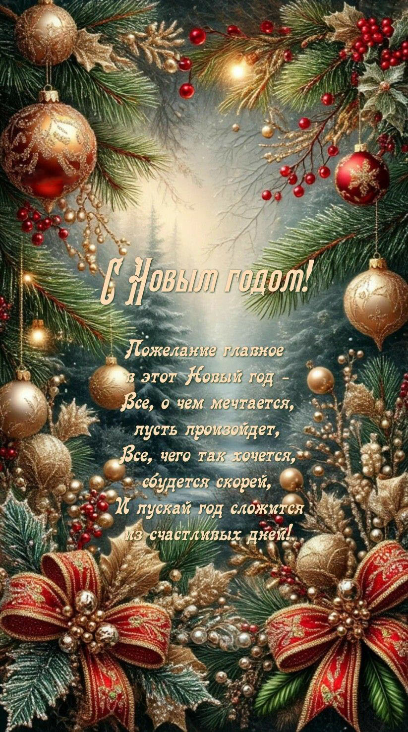 Открытка с Новым годом. Пожелания и елочные украшения.