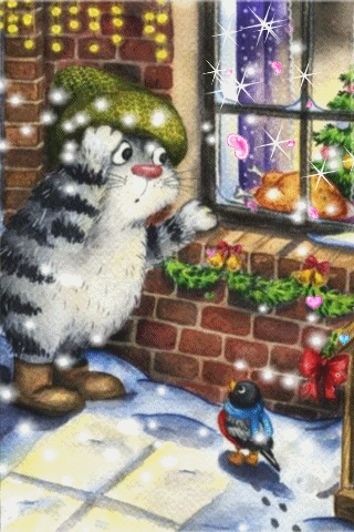 Открытка с Новым годом gif анимационная мерцающая. Без текста. Котик и птичка смотрят в окно дома, идет снег.