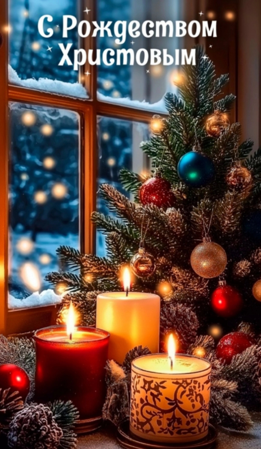 Открытка с Рождеством Христовым. Елочные украшения.