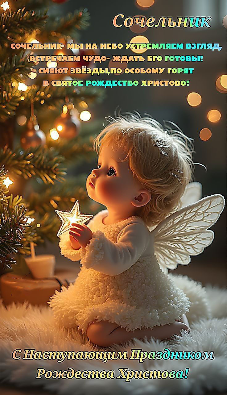 Открытка с Рождеством Христовым. Сочельник. Пожелания. Ангелочек у елочки.