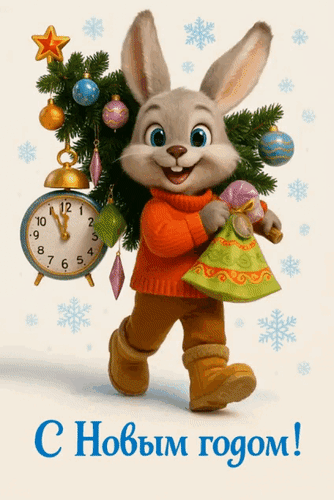 Открытка с Новым годом gif анимационная. Зайчик с елкой в ретро стиле.