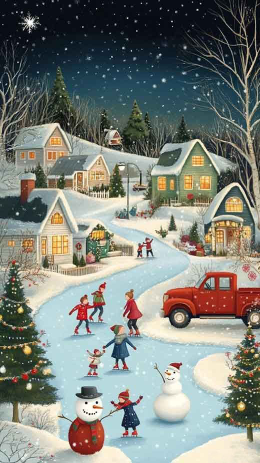 Открытка с Рождеством Христовым. Без текста. Зимний городок, рисунок.