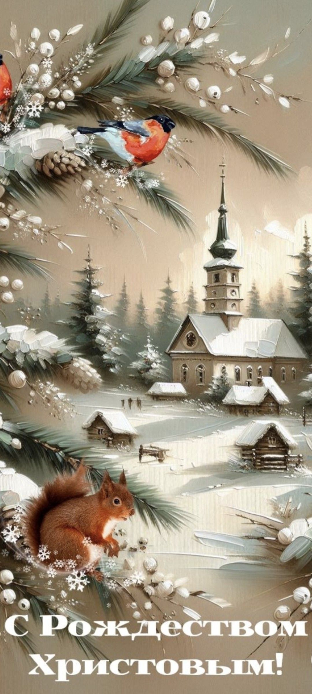 Открытка с Рождеством Христовым. Без текста. Зимний пейзаж с храмом.