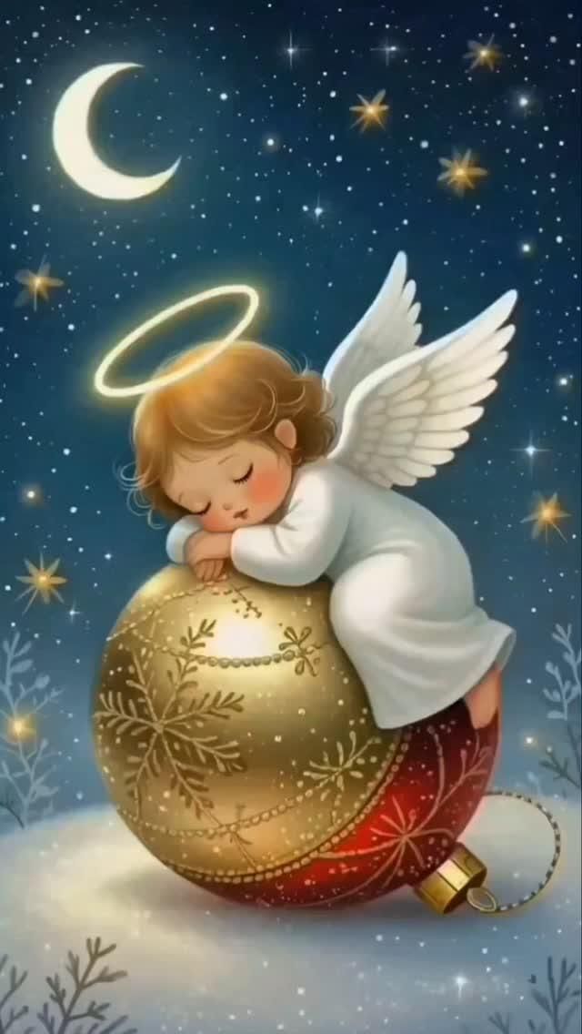 Открытка с Рождеством Христовым. Без текста. Ангелочек заснул на елочной игрушке.