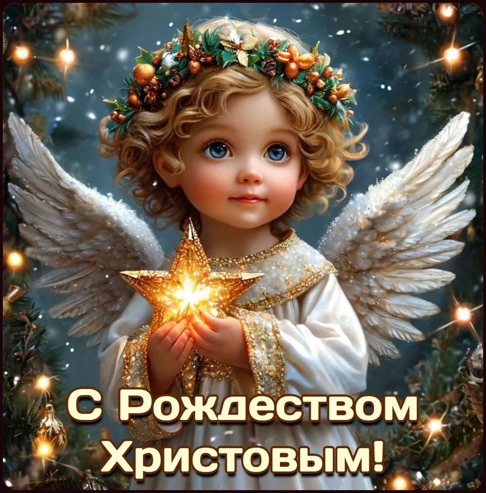 Открытка с Рождеством Христовым. Ангелочек со звездочкой.