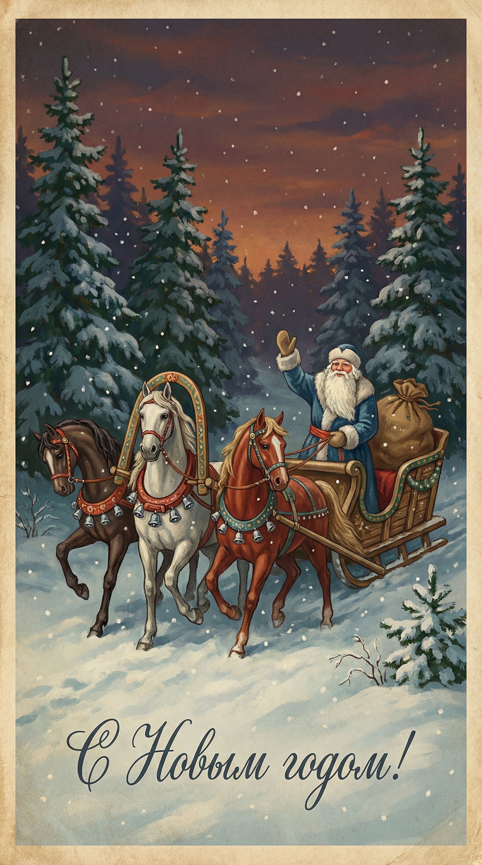 Открытка с Новым годом. Дед Мороз в зимнем лесу. Рисунок в ретро стиле.