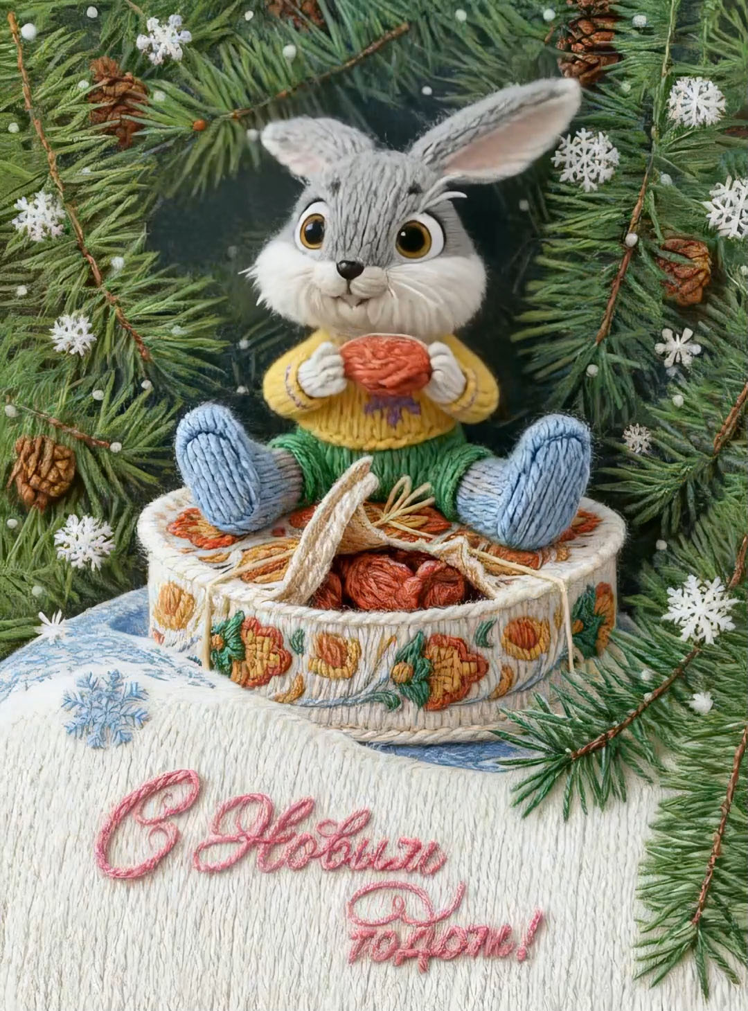 Открытка с Новым годом. Для ребенка. Зайчик у елочки.