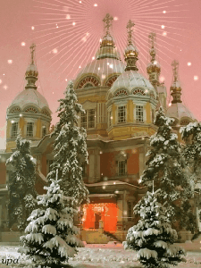 Открытка с Рождеством Христовым gif анимационная. Без текста. Храм и заснеженные ели.