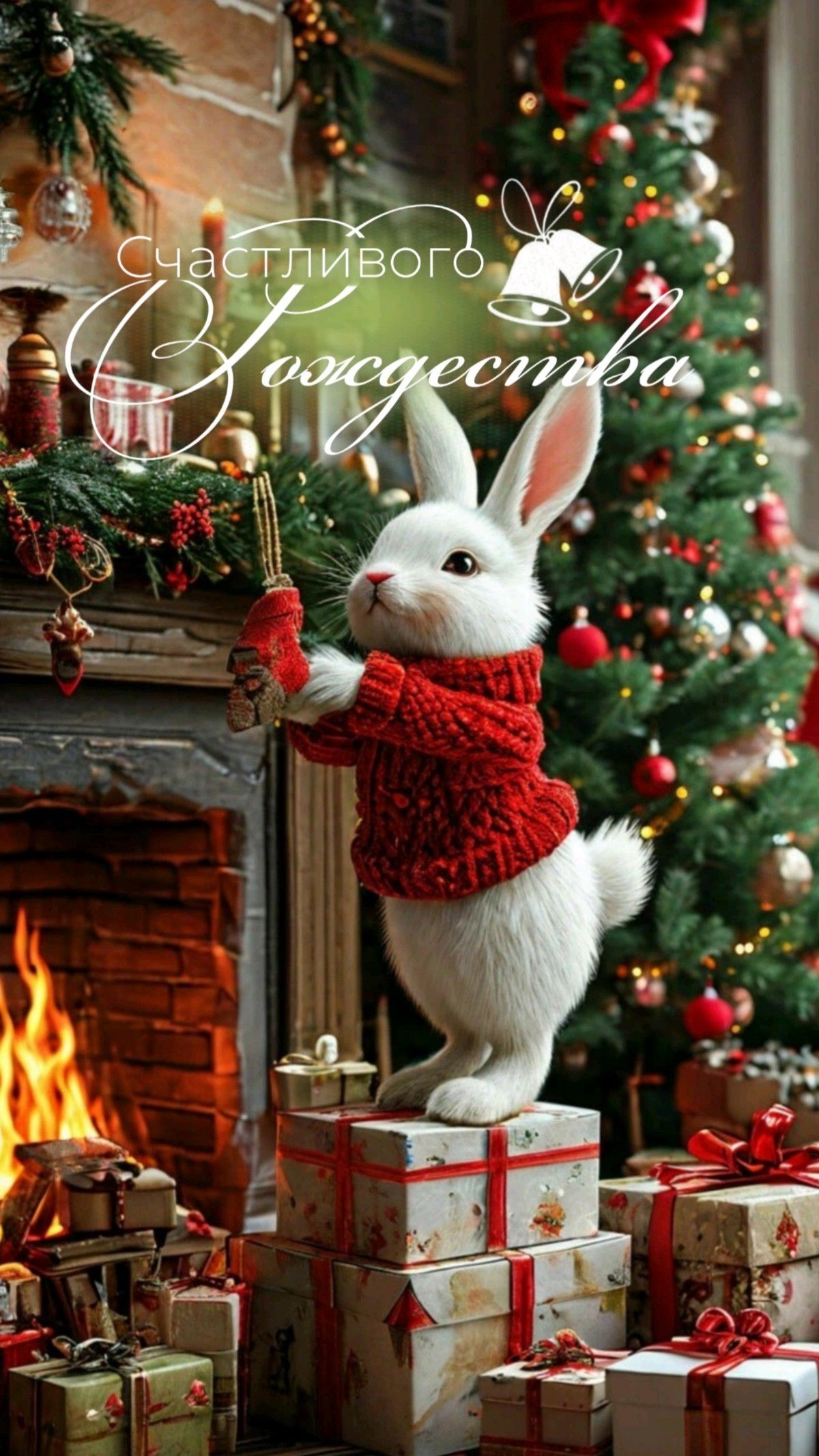 Открытка с Рождеством Христовым. Белый кролик у елочки.