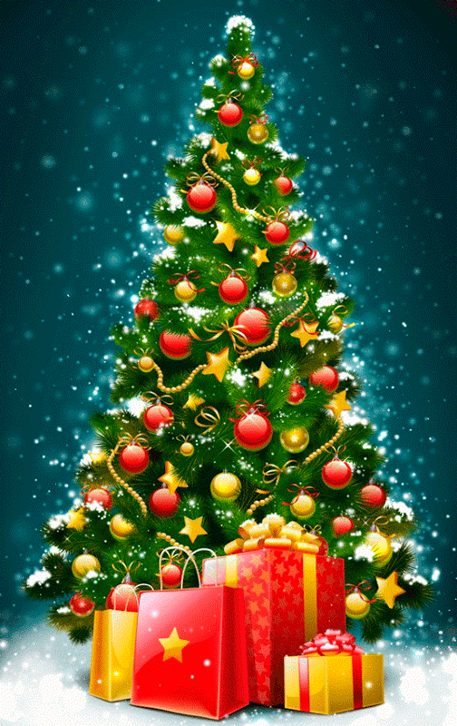 Открытка с Новым годом gif анимационная. Новогодняя елочка с подарками.