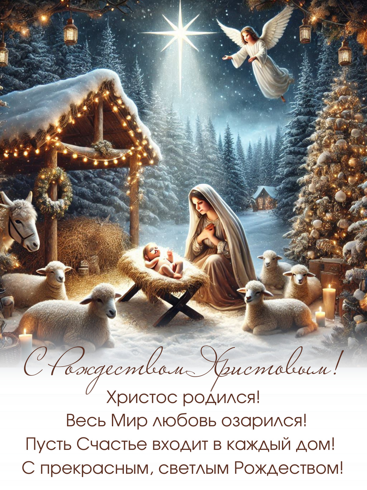 Открытка с Рождеством Христовым. Пожелания. Рождественский сюжет.