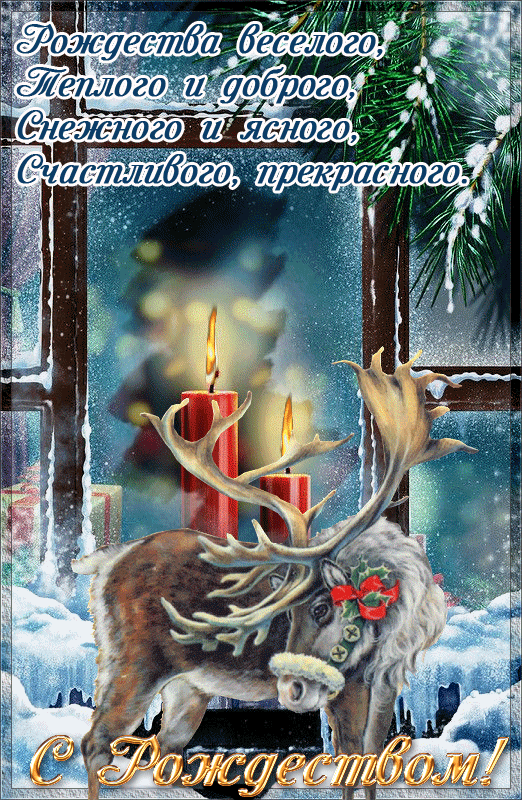 Открытка с Рождеством Христовым gif анимационная. Пожелания, олень, свечи.