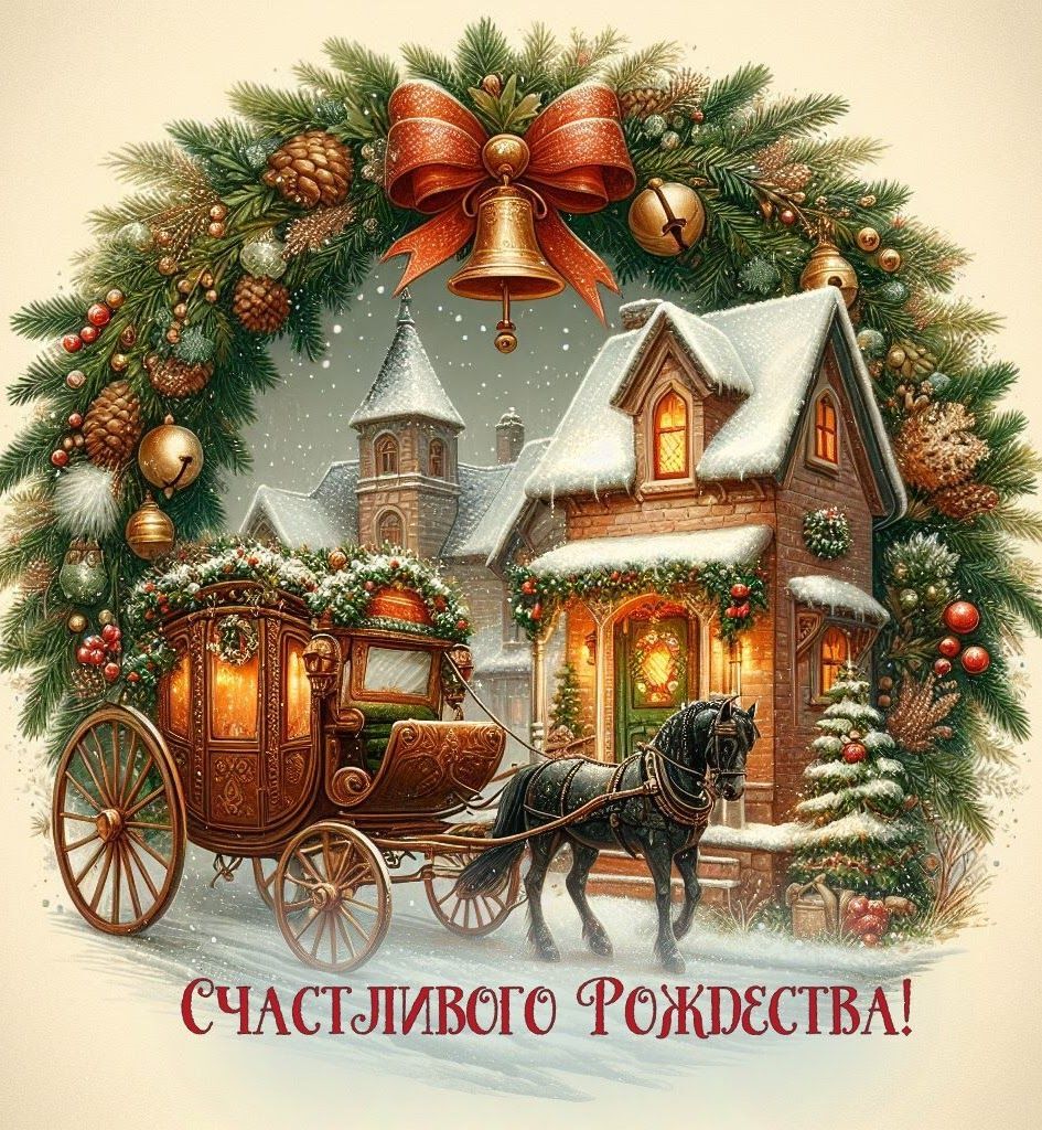 Открытка с Рождеством Христовым. Рисунок в ретро стиле.